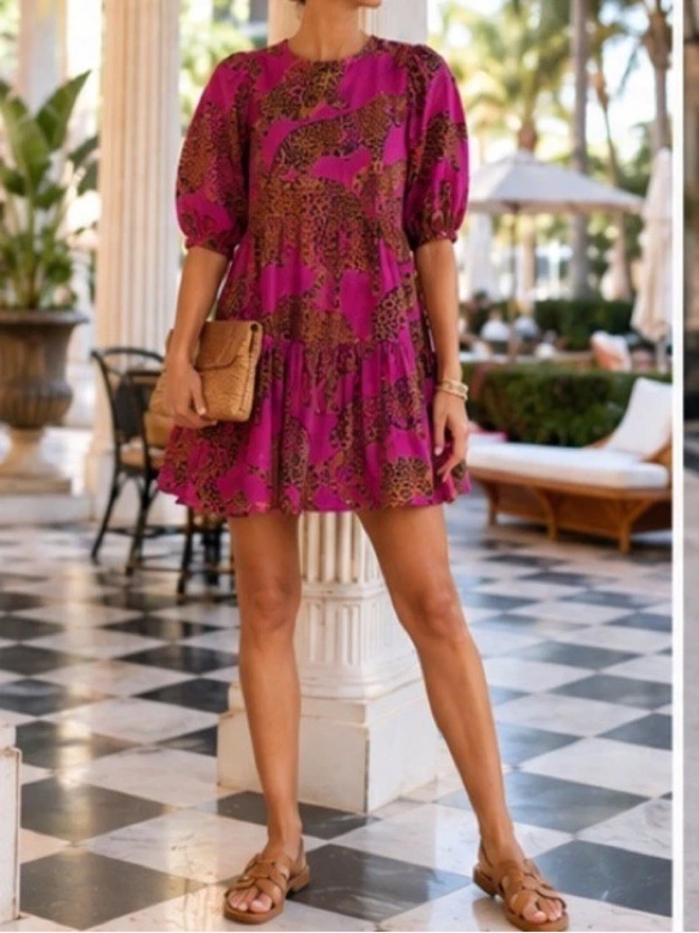 FARM Rio Fuchsia Animal-Print Puff-Sleeve Mini Dress